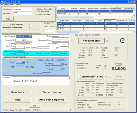 Bedienoberfläche der Prüfsoftware für Trelleborg